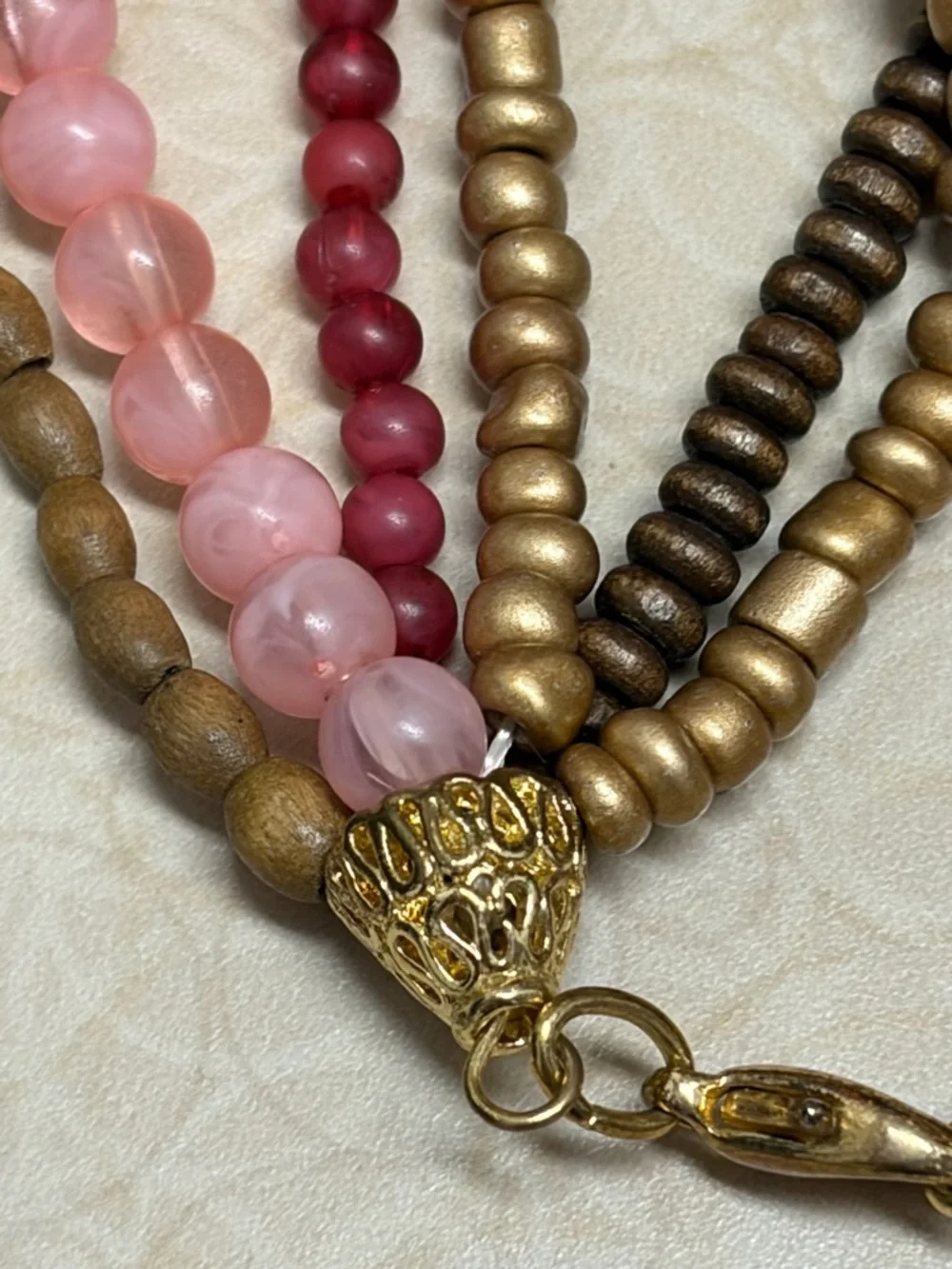 Gold and Pink Multi-Strand Twisted Beaded Necklace - Women Jewelry. No Brand.